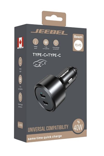 Jeebel شاحن سيارة بمنفذين USB-C PD بقوة 40 واط | أسود
