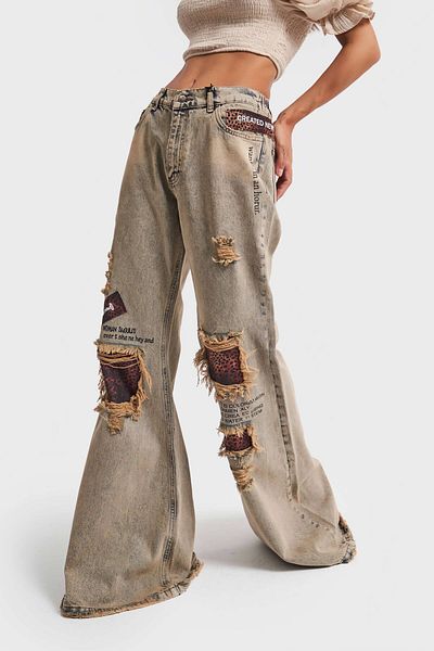 its basic Blugi Culoare Leopard Detaliat Design Picior Lat - Femei Denim Flare Fit