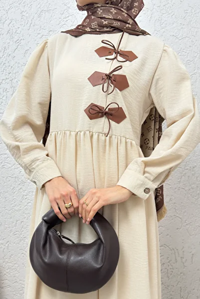 Salih Çelebi Leather Detailed Front Dress 2221 - Stone