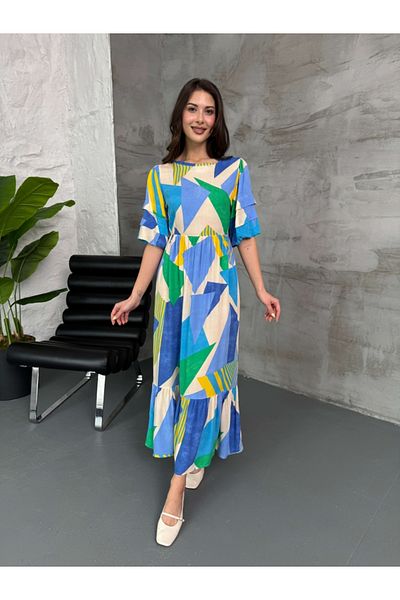 Elif Özbey Butik Rochie albastră cu mânecă cu balon cu model geometric