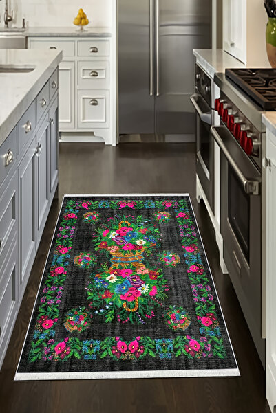 CENTER AVM Çiçekli Mutfak Halısı Makinede Yıkanabilir Halı Kaymaz Taban Halı
