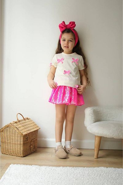 Lolliboomkids Girl's Bow Embroidered Sequin Fabric T-Shirt and Skirt Set