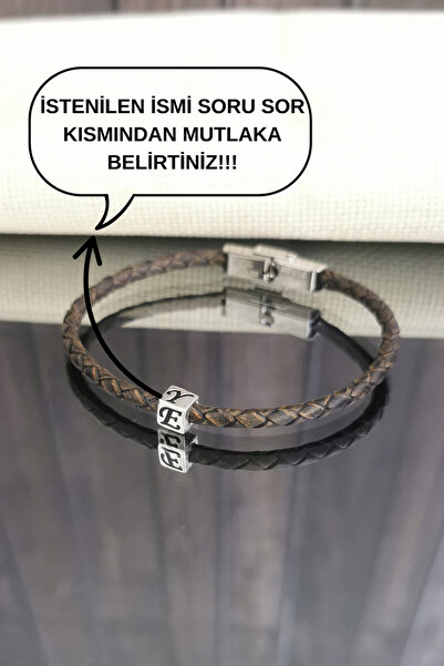 Piyera Gümüş Kişiye Özel Harfli Gümüş Küp Tek Sıra Deri Kordon Bileklik