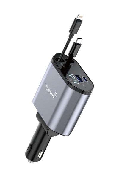 Tiknal | 4-in-1 Car Charger 120W PD USB-C + USB-A with Built-in Lightning & USB-C Cable | Gray