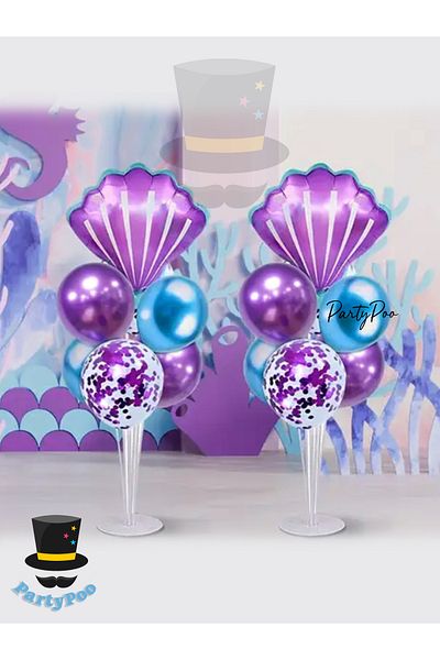 PartyPoo 1Pcs Balloon Stand Oyster Sea Shell Foil and Metallic Balloon Set 7Pcs Mermaid Balloon Set