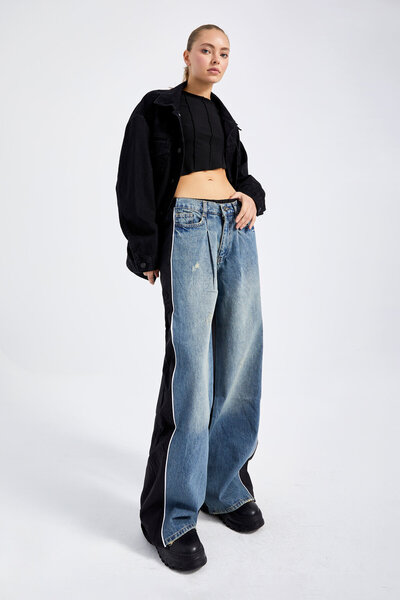 its basic Kadın Kot Rengi Çift Renk Özel Tasarım Palazzo Fit Denim