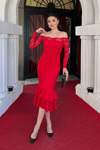 giyimmasalı Top Lace Bottom Scuba Fabric Flounce Dress - RED