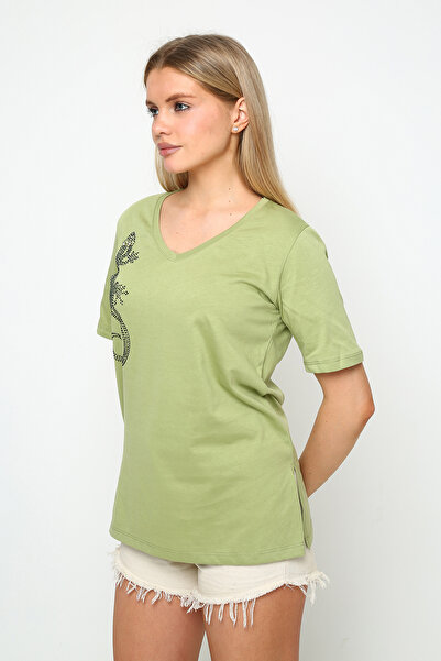 Oasis V-Neck Women's Tunic with Side Slits Lizard Stone Print