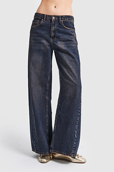 its basic Kadın Kot Tint Rengi Düşük Bel Süper Wide Leg Fit Denim Pantolon