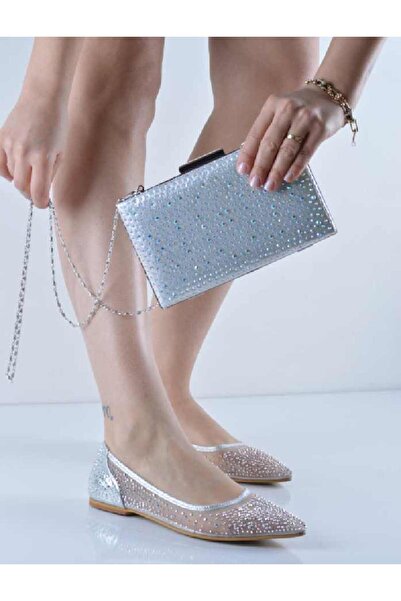 Şanslı Ayakkabıcılık Gümüş Fileli Taşlı Babet Çanta Takım