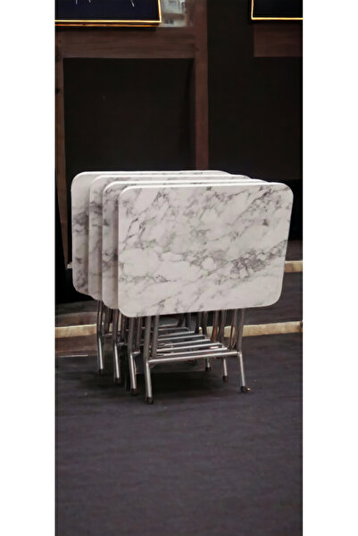 FERNUR GRUP Katlanır Beyaz Mermer Zigon 4'lü Sehpa Takım Paslanmaz Metal Ayaklı