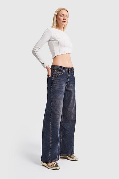 its basic Blugi de damă, culoare nuanță, talie joasă, pantaloni din denim cu picioare super late