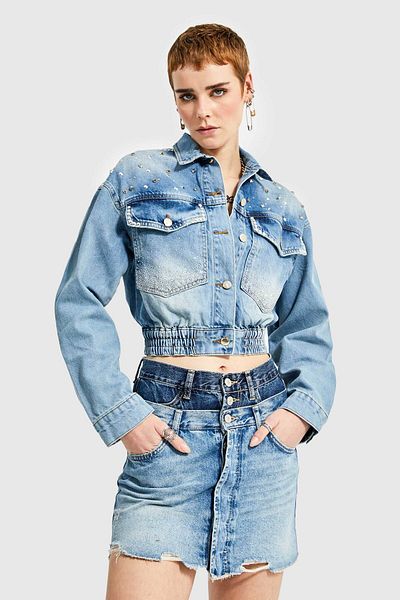 its basic Jachetă bomber din denim cu design brodat manual de culoare blugi de damă