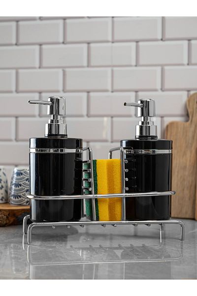 Trend Banyo Mutfak Black 2-Piece Silver Soap Dispenser / Detergent Dispenser with Stand Black