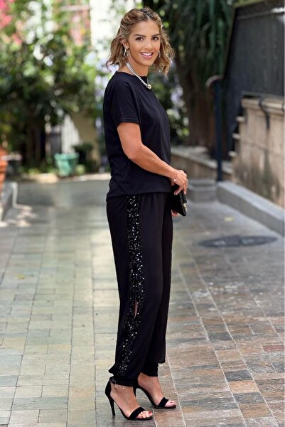 Nevin Kaya Moda Black Sequined Slit Detailed Cotton Baggy Pants
