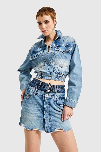 its basic Jachetă bomber din denim cu design brodat manual de culoare blugi de damă
