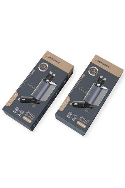 Jeebel | 4-in-1 Car Charger 120W Lightning & USB-C Cables | PD+USB Ports | Built-In Display | Grey