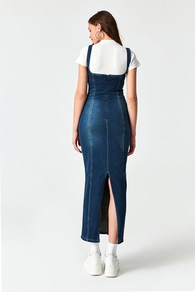 its basic Women's Tint Denim Color Flexible Fabric Long Denim Dress with Back Slit