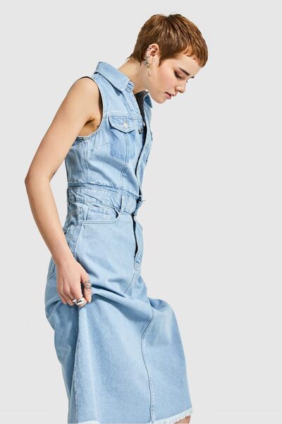 its basic Women's Blue Color Midi Length 100% Cotton Front Buttoned Denim Dress