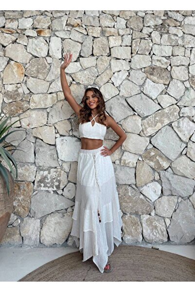 Bak'ap Prémium vászon Seersucker aszimmetrikus szabású csipke részletes hosszú, hajlított aszimmetrikus szoknya