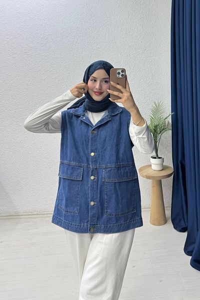 lurex moda Denim Vest with Bag Pocket
