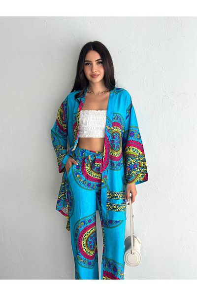 BYKUZEYARAS Women's Patterned Woven Kimono Pants Set