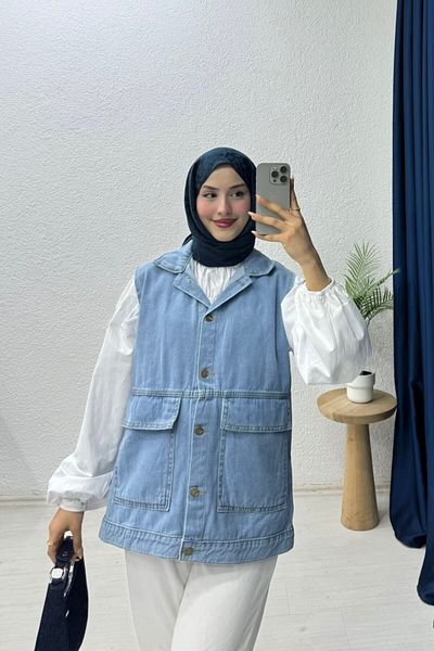 lurex moda Denim Vest with Bag Pocket