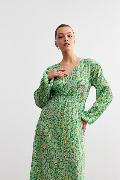 MODAGEN Rochie de damă cu model de flori verzi, cu guler dublu, cu talie elastică, lungime midi