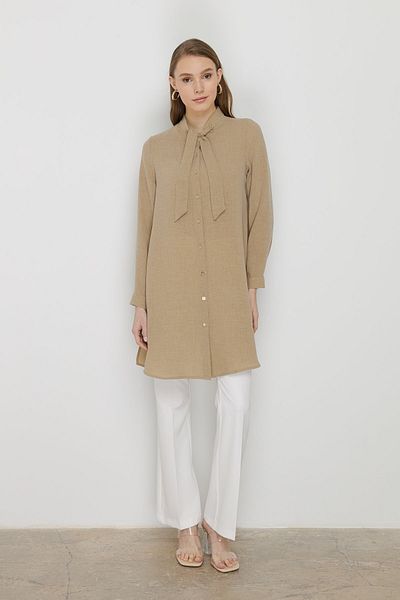 Nihan Basic Tunic Beige with Tie Collar