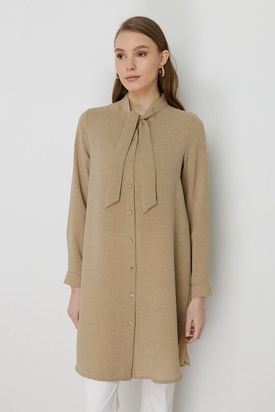 Nihan Basic Tunic Beige with Tie Collar