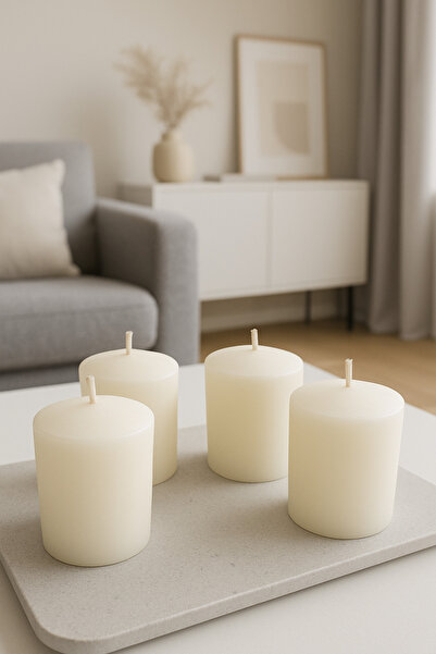 lıghts of candle handmade & 2020 4 lü Beyaz Blok Mum Silindir Mum