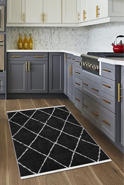 VOPTEKS Siyah Mutfak halısı Makinede Yıkanabilir Halı Kaymaz Taban Halı
