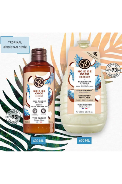 Yves Rocher Hindistan Cevizi Refill Duş Jeli 600ml & Büyük Boy Duş Jeli 400ml...
