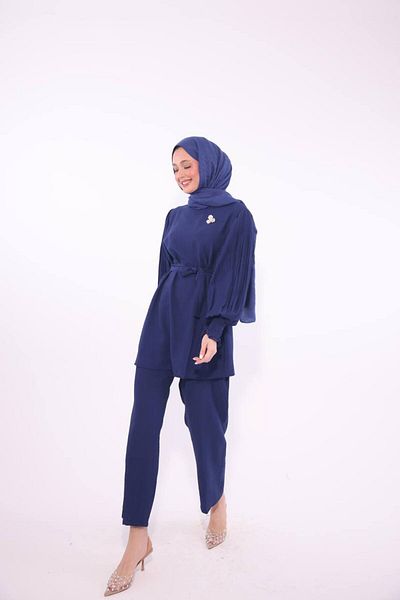 BYKUZEYARAS Set de bluză pentru pantaloni, cu mâneci cu curea, cu broșă pentru hijab pentru femei