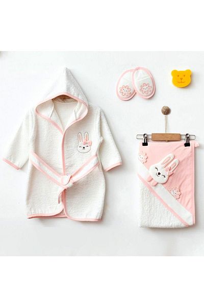 Sebi Bebe Baby Girl Bathrobe Set, Lux Bunny, Rabbit Picture-Salmon
