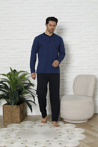 MODAREYA Men's Long Sleeve Buttoned Collar Indigo Pajama Set with Chest Pocket