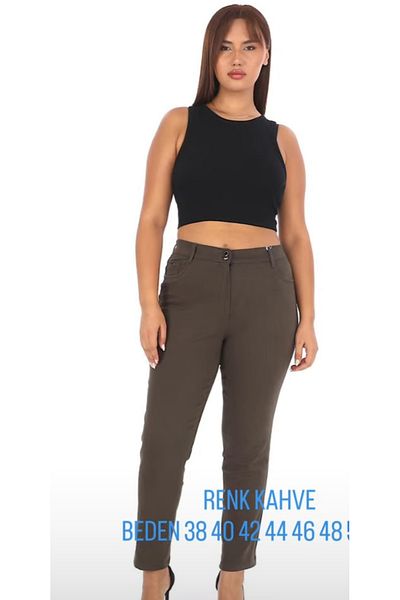 AKŞEN GİYİM Plus Size Women's High Waist Recovery Cotton Linen Lycra Pipe Leg Pants