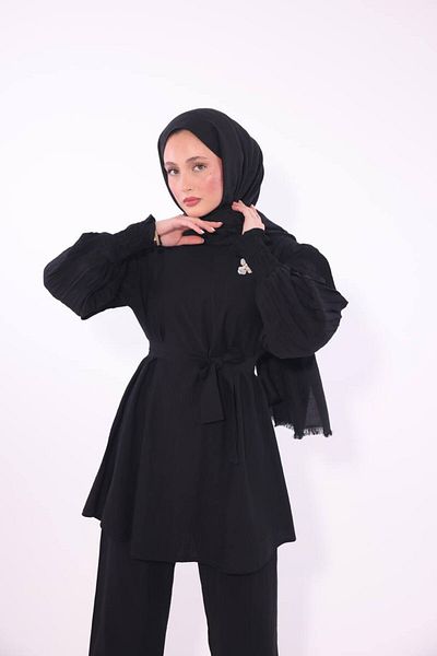 BYKUZEYARAS Set de bluză pentru pantaloni, cu mâneci cu curea, cu broșă pentru hijab pentru femei
