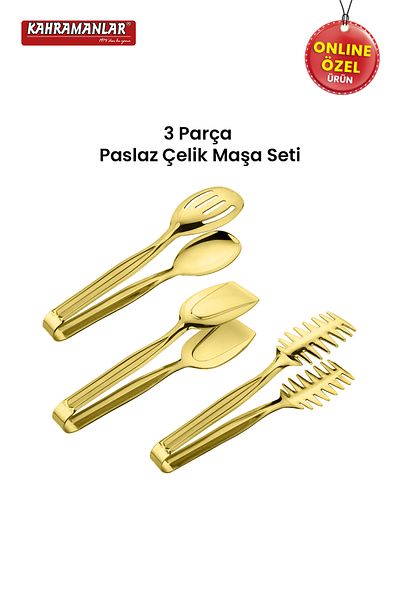 Kahramanlar Demre 3-Piece Gold Steel Grilled Salad Crepe Tongs Set