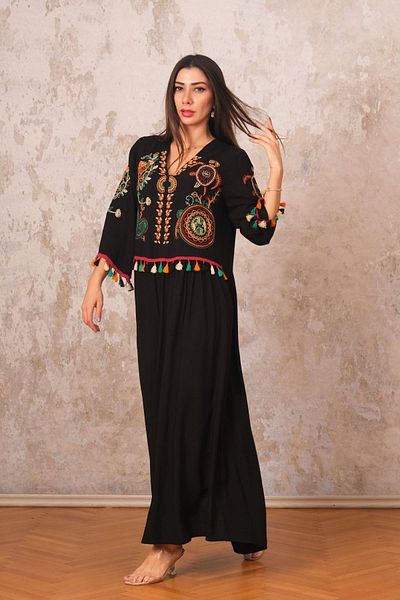 Markano Black V-neck Front and Sleeves Authentic Embroidered Tassel Long Dress