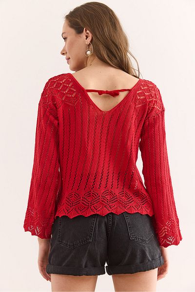 Olalook Women's Red Roba Lace-Up V-Neck Openwork Cotton Blouse Blz-19002272
