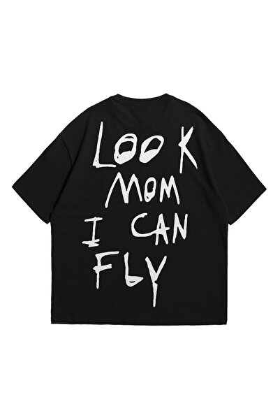 Scrovtie Unisex Siyah Travis Scott Fein Look Mom I Can Fly Baskılı Oversize Bisiklet Yaka Kısa Kollu Tişört