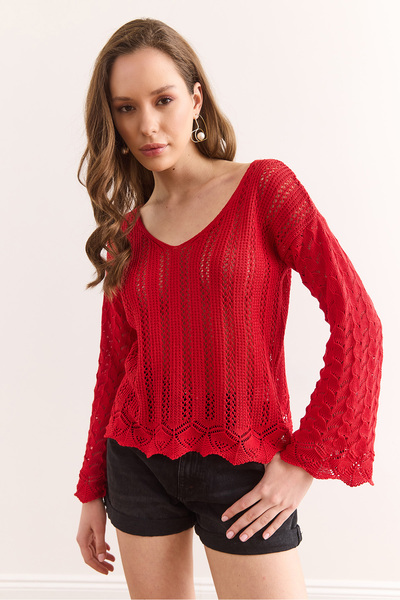 Olalook Women's Red Spanish Sleeve Geometric Detailed Cotton Knitwear Blouse Blz-19002340