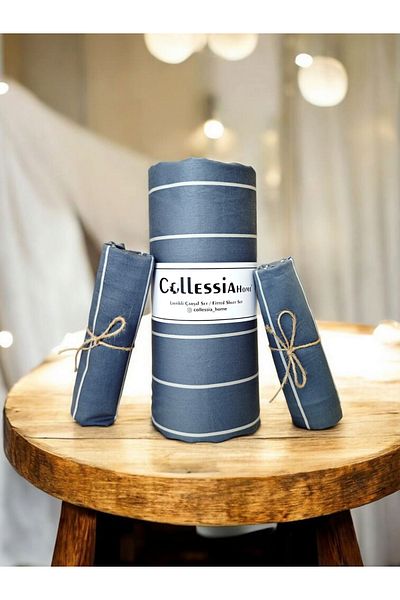 CollessiaHome 100% Cotton Satin Striped Double Fitted Elastic Sheet Set Bed Sheet Set
