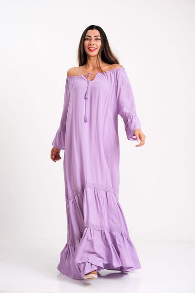 Markano Lilac Carmen Collar Frilly Sleeve Skirts Scalloped Oversize Long Dress