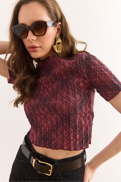 Olalook Bluză de damă burgundă cu imprimeu digital Crop Twist Blz-19002936