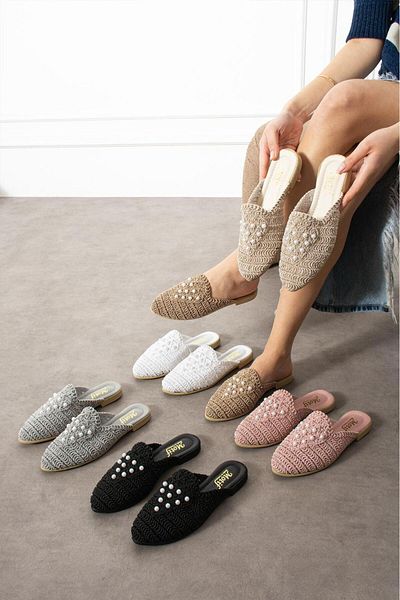 İpek Silk Women's Straw Rope Beaded Daily Home Beach Front Indoor Slippers