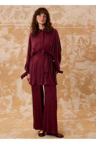 Aris collection Kadın 100% İPEK Pantolonlu Takım Bordo