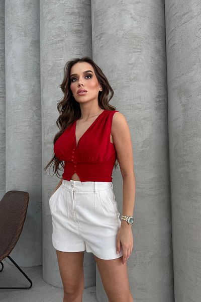RB CLUB Button Detail V-Neck Crop Blouse Red Rb2800