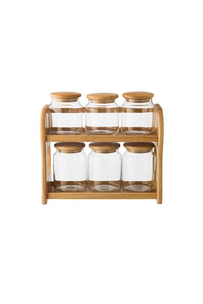 Dania Set of 6 Glass and Bamboo Wood Kitchen Storage Containers with Holder